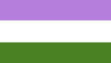 Bandera genderqueer dissenyada per Marilyn Roxie. Són tres línies horitzontals, de color lila, blanc i verd en ordre descendent.